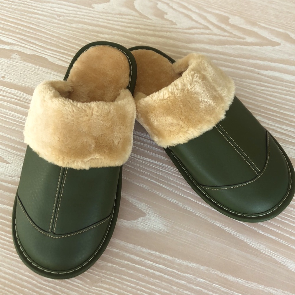 Olive Green Faux-Shearling Slipper Slides NEW